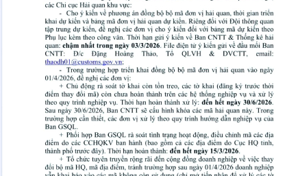 THAY ĐỔI BẢNG MÃ ĐƠN VỊ HẢI QUAN TỪ NGÀY 1 THÁNG 4 NĂM 2026